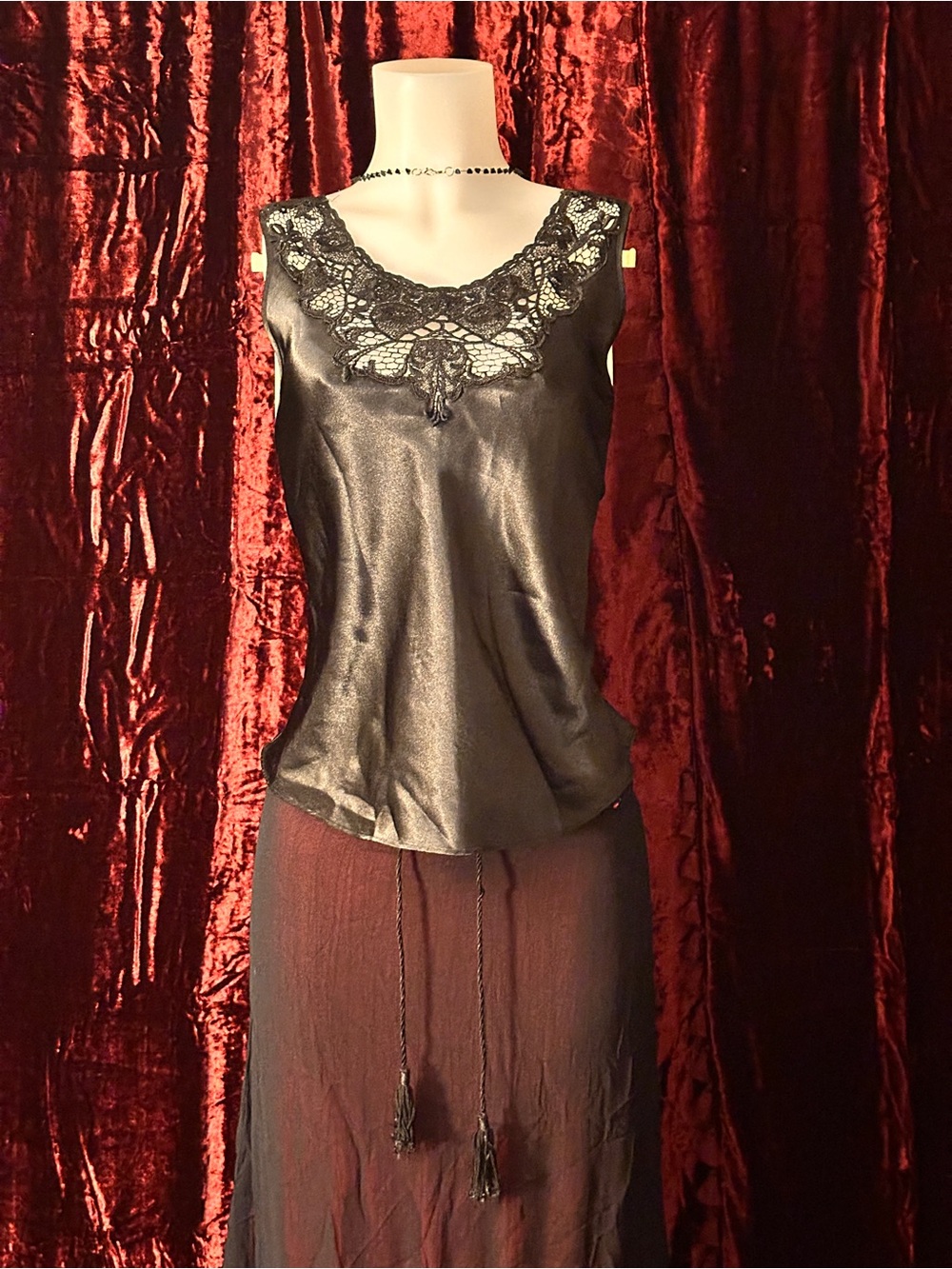 Vintage Black Lace Trim Satin Cami Blouse